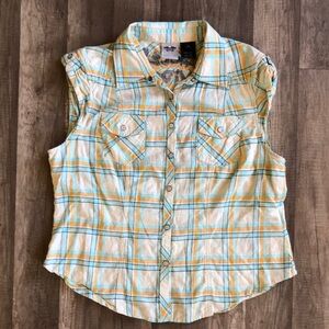 Harley Davidson Plaid Pearl Snap Cap Sleeve Top XL